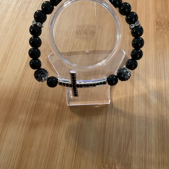 Hand Crafted Bracelet Black with Rhinestone Cross Pave Beads Stretch Unisex - Picture 5 of 7